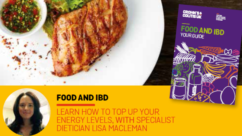 Collage of a plate of food, a Crohn's & Colitis UK Food and IBD guide with a banner with a photo of dietician Lisa Macleman