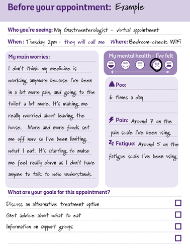 Crohn's & Colitis UK's 'My Appointments Journal' - pre-appointment example page