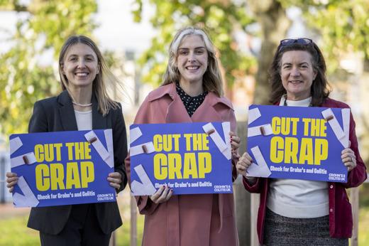 Head of Policy and Campaigns Burcu Borysik, Sarah Murphy MS, and Eluned Morgan MS, the Minister for Health and Social Care, each holding a light purple card with Cut the Crap written in yellow