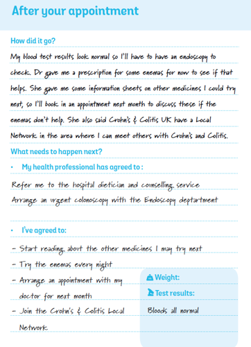 Crohn's & Colitis UK's 'My Appointments Journal' - post-appointment example page