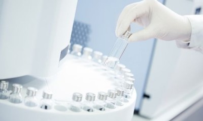 Rack of vials in research laboratory