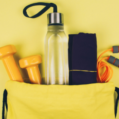 Fitness bag including dumbells, water bottle, jump rope