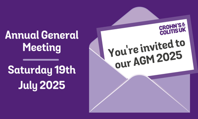 Purple background. White text reads "Annual General Meeting - Saturday 19 July 2025", alongside an illustrated purple envelope holding a card that says "You're invited to our AGM 2025".