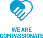 Cartoon of two hands together making a heart. Text reads "we are compassionate"