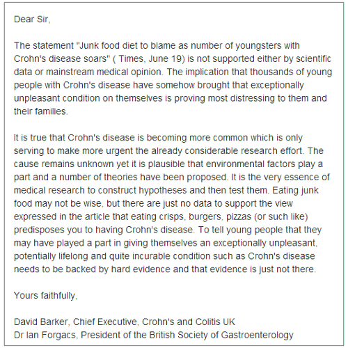 Crohn’s and Colitis UK hits back at junk food media reports