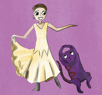 illustration person dancing with cat