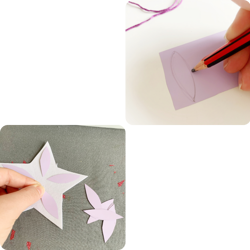 2 images. Top right image shows petals being drawn on paper, bottom left image shows petals being stuck in a cut-out star.