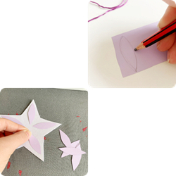 2 images. Top right image shows petals being drawn on paper, bottom left image shows petals being stuck in a cut-out star.