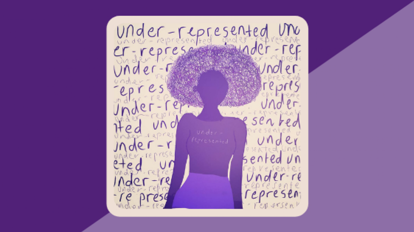 Illustration of person in front of text that reads: under represented