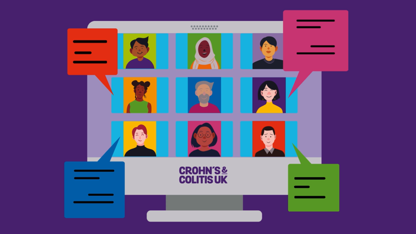 cartoon graphic of a computer screen with people talking on it